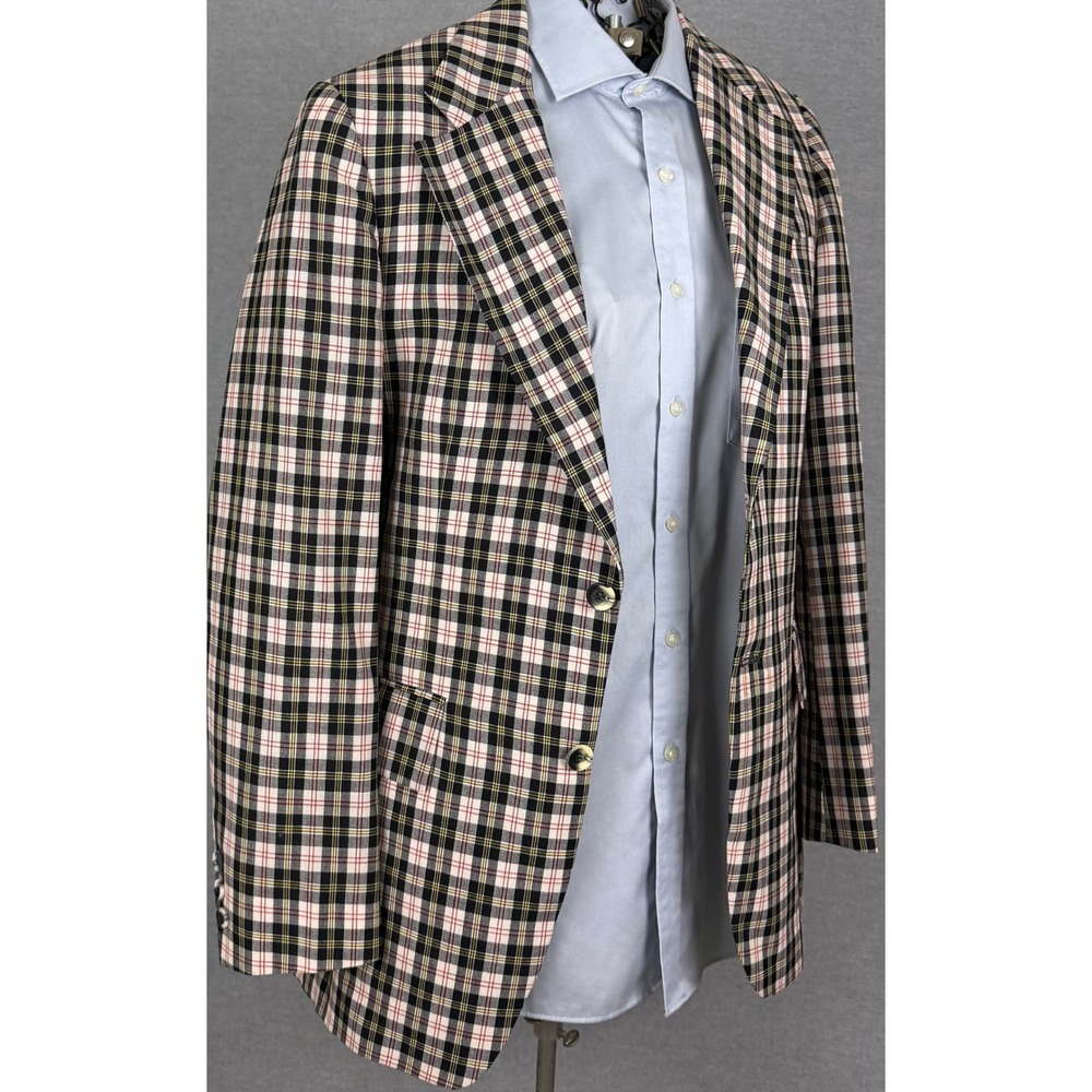 Vintage 70s Bespoke Plaid Blazer Wide Lapel 38L Black White Red Sport Coat